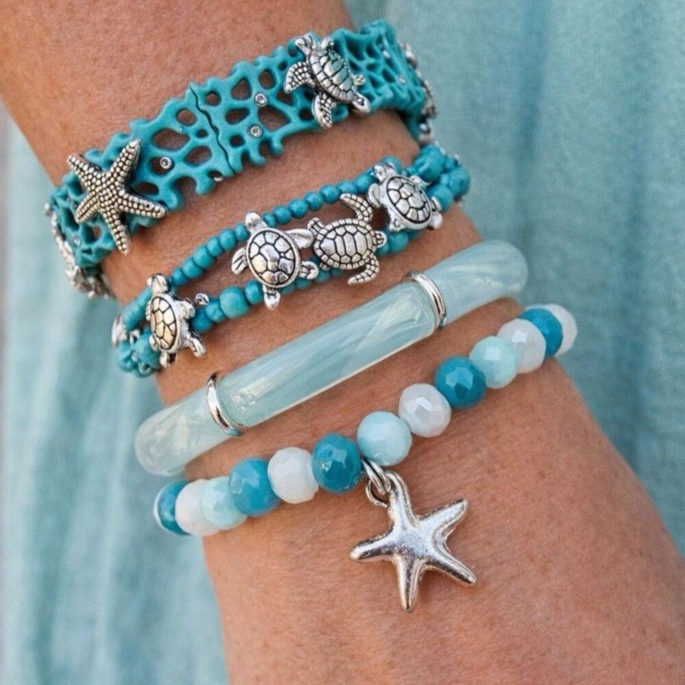 Periwinkle Turquoise Sea Life Bracelet Set Starfish Turtle Seahorse Beaded Stack